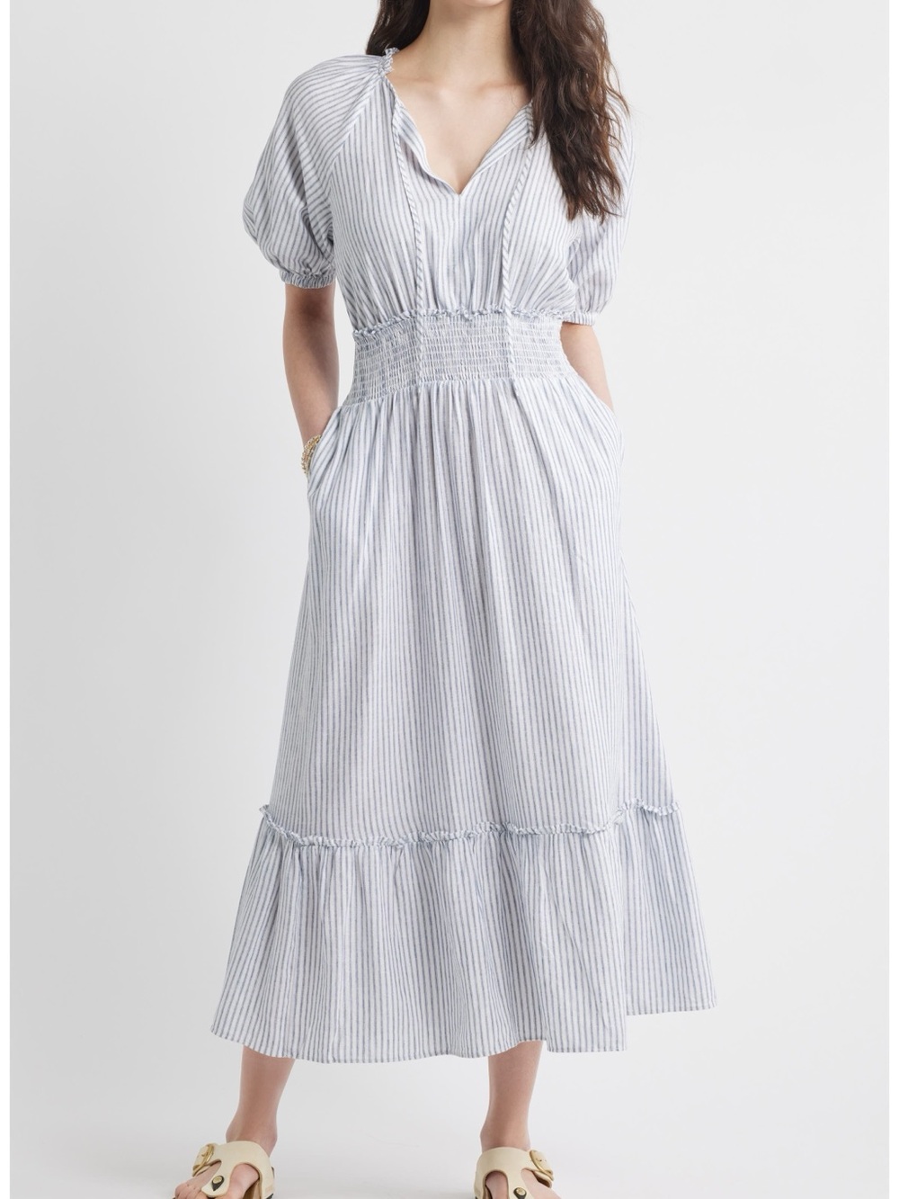 Nordstrom Caslon Blue and White Striped Midi Linen Blend Sundress